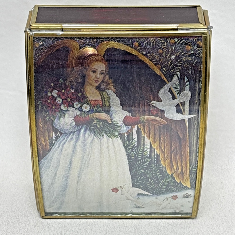 Vintage 90s Angel Glass Jewelry Music Box Ave Maria Enesco Lynn Bywaters‎ Foil